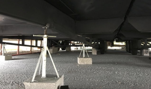 Parkhome chassis, screw jacks and concrete piers supported on blocks